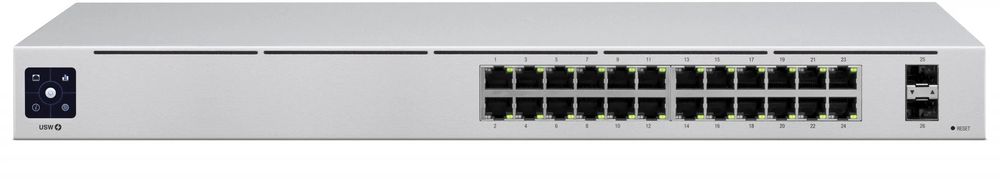 Switch Ubiquiti UniFi, 24 porturi Gigabit, 2 SFP, Layer 2, managed, 52 Gbps, fanless, cu ecran touch 1.3 inch, USW-24