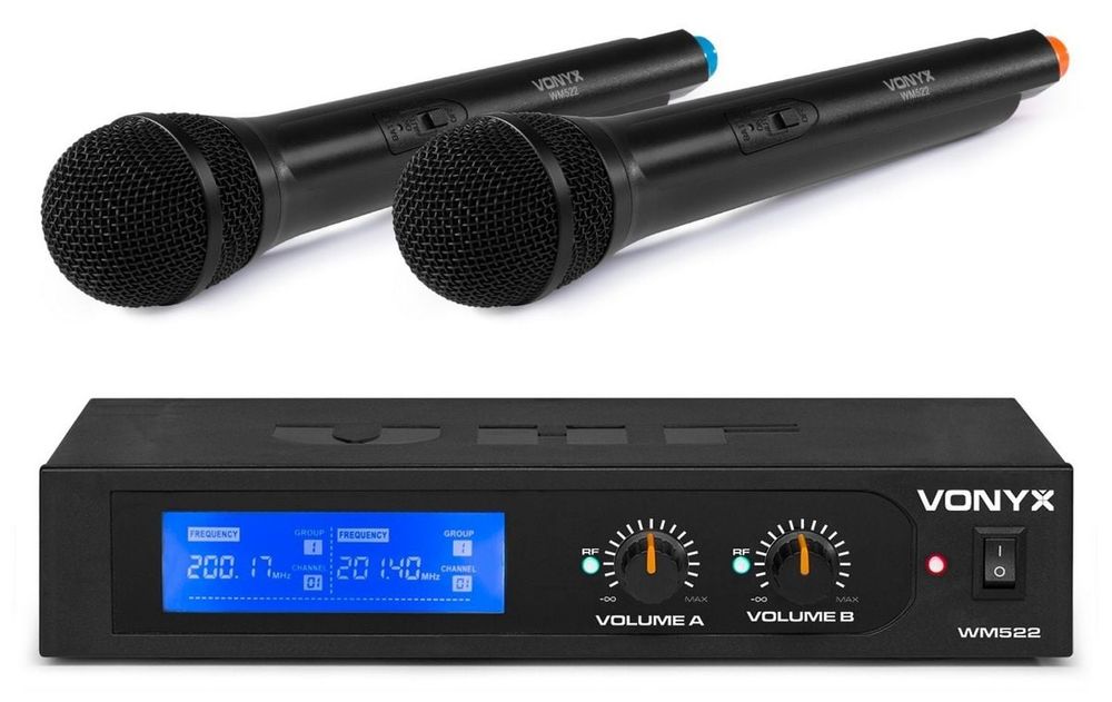 Set 2 microfoane wireless cu receptor VHF Vonyx WM522, Jack 6.3mm, geanta de transport