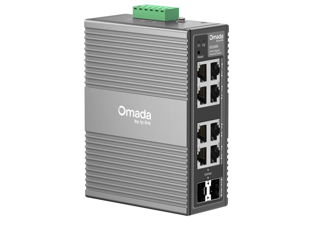 Switch industrial Gigabit pentru medii industriale TP-Link Omada, IES208G, 8 porturi, 6xRJ45, 2xRJ45/SFP combo, management cloud, IP40, alimentare redundanta