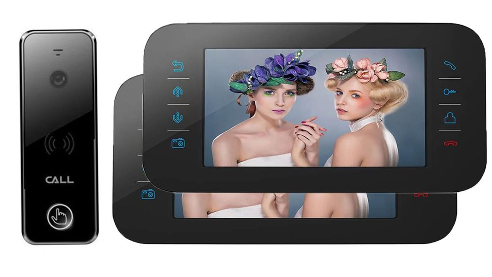 Kit videointerfon 2 monitoare interior 7 inch cu control acces, intercomunicatie si RFID, 2XM1707AITA+D23CCM