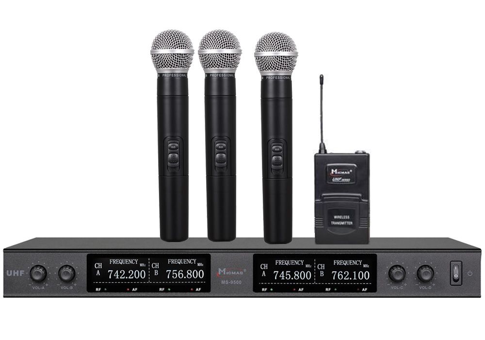 Kit 4 microfoane wireless UHF 3 de mana + 1 lavaliera