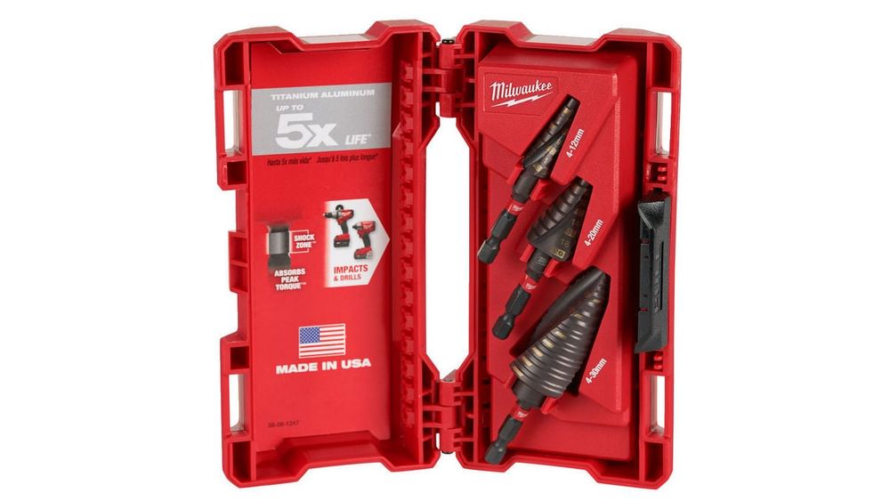 Set burghie Milwaukee, in trepte 4-12mm, 1.4-20mm, 4-30mm, 3 piese, canelura spiralata dubla, prindere Hex 1/4 inch Shockzone, 48899266