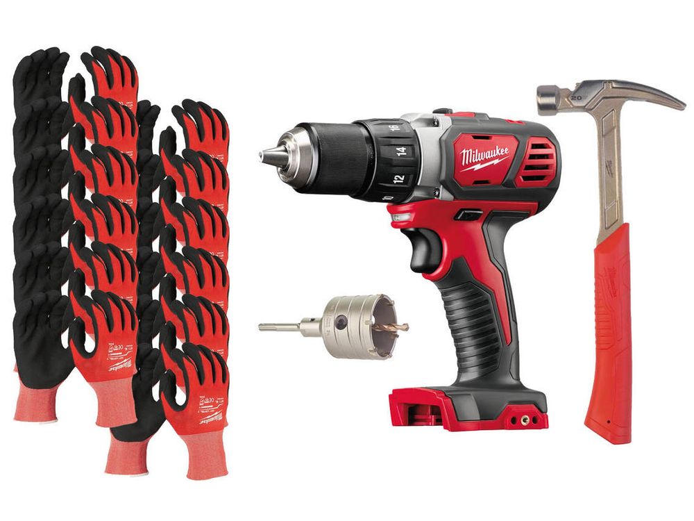 Pachetul instalatorului Milwaukee: masina de gaurit compacta M18, carota SDS-Plus 68mm, ciocan dulgher, set 12 manusi, 4932399296-PROMO