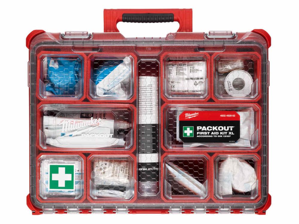 Trusa de prim ajutor Milwaukee Packout XL, 10 compartimente detasabile, contine plasturi, bandaje, foarfeca, solutii spalare, IP65, 4932492962