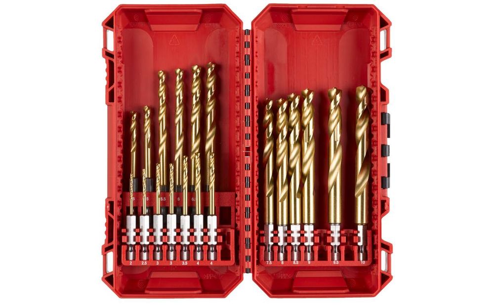 Set 19 burghie Milwaukee pentru metal, HSS Ground, tija hex 1/4 inch, diametru 2-10mm, invelis din titan, cutie depozitare, 4932493866