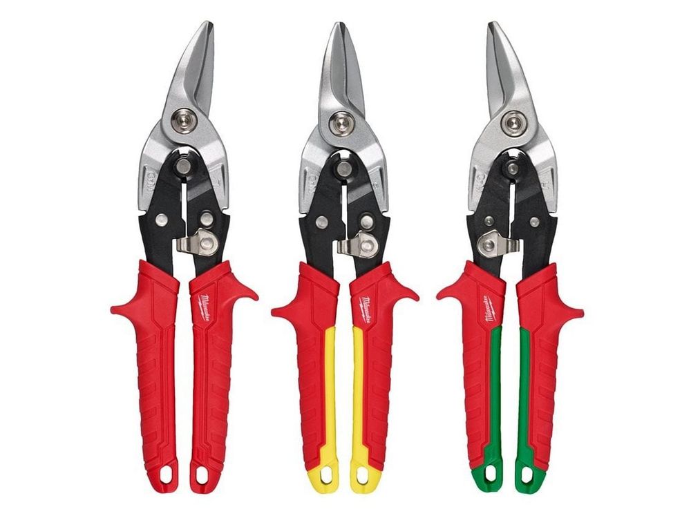 Set trei foarfeci Milwaukee, pentru tabla, taisuri zimtate pentru stanga, dreapta si taiere dreapta, maner ergonomic, 4932499020
