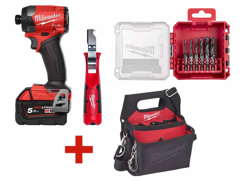 PROMO: Kit masina de insurubat cu impact Milwaukee M18, 226 Nm, 1/4 inch Hex, cleste dezizolare, set burghie HSS-G, geanta cadou, 4933479865-PROMO