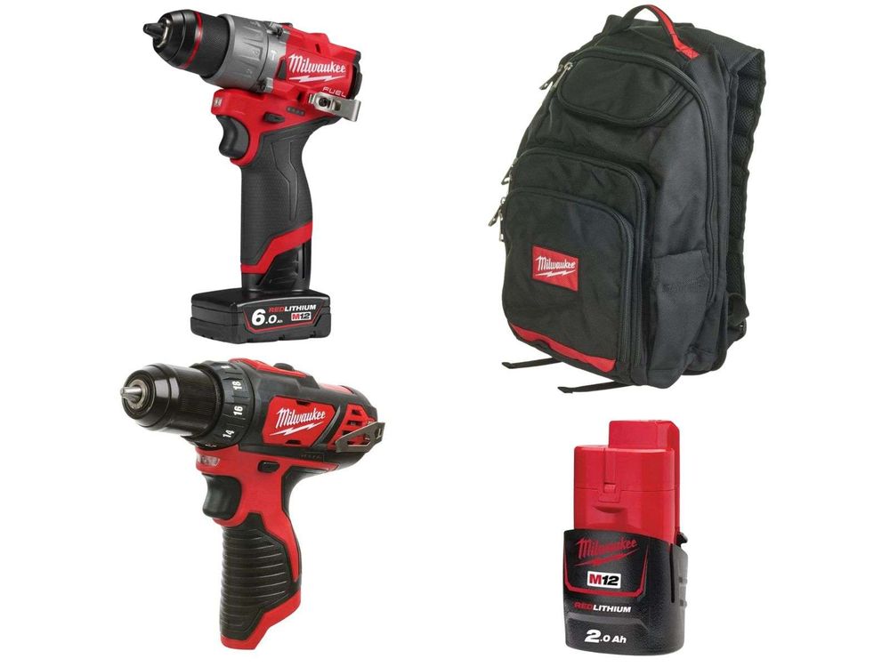 Pachet promotional Milwaukee, masina gaurit cu percutie, masina gaurit subcompacta, rucsac, acumulator M12, 4933479870-BIGRED