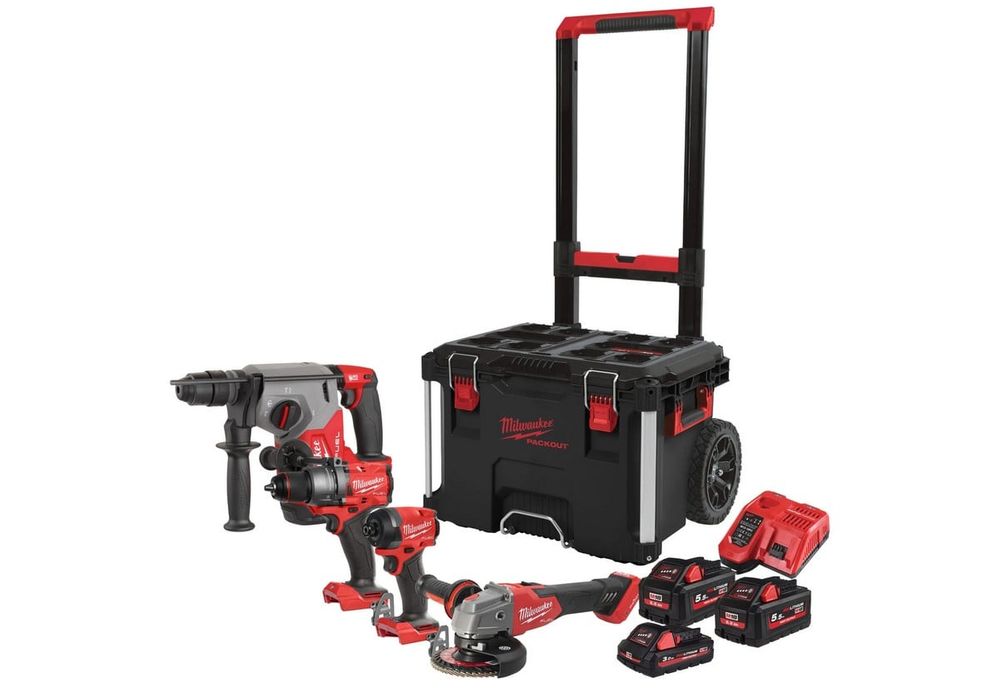 Set scule gaurire, insurubare si taiere Milwaukee M18 FPP4E-555T, 3x acumulatori M18 5.5-3Ah, incarcator M12-M18FC, cutie transport, 4933492530