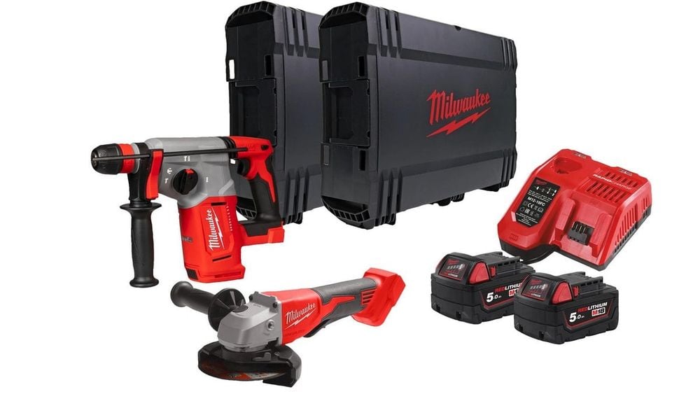 Set scule fara perii Milwaukee M18, ciocan rotopercutor si polizor unghiular, 2x acumulatori, incarcator, 4933498575