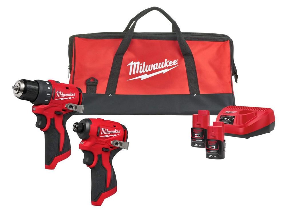 Set scule cu motor fara perii Milwaukee M12 BLPP2D-202B, masina de gaurit, masina de insurubat, 2x acumulatori, incarcator, 4933500139