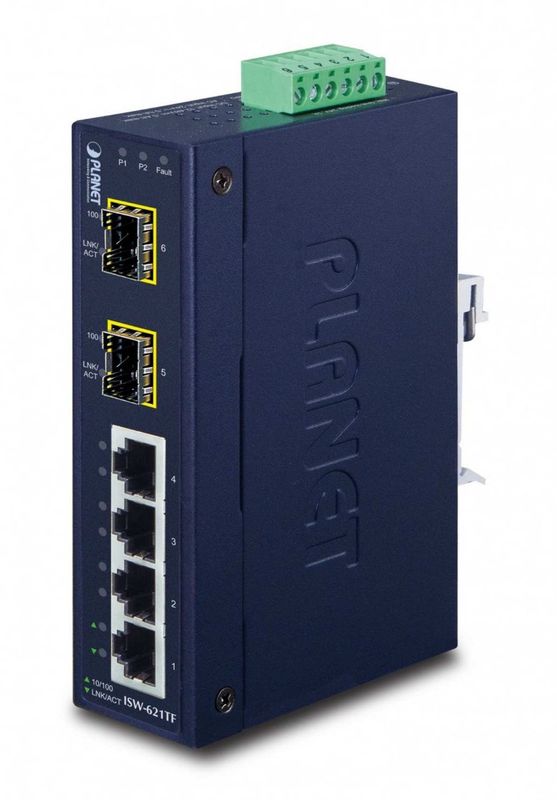 Switch industrial Ethernet PLANET, 4x10/100Mb RJ45, 2x100Base-FX SFP, IP30, montaj DIN, alimentare redundanta 12-48VDC, -40-75C, ISW-621TF