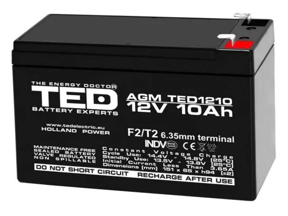 Acumulator AGM VRLA TED Electric TED002730, 12V, 10Ah, terminal F2/T2, etans, durata viata peste 5 ani, 151x65x95mm