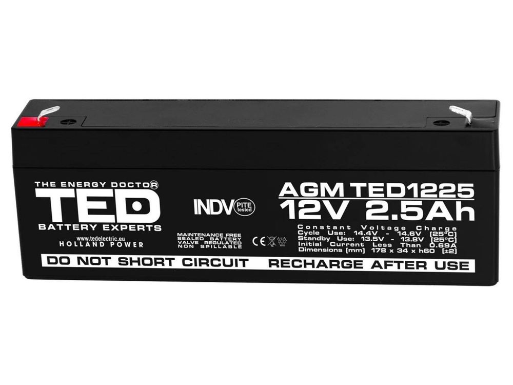 Acumulator stationar TED Electric TED003096, 12V 2.5Ah, VRLA, AGM, etans, uz general, terminal F1, 178x34x60mm