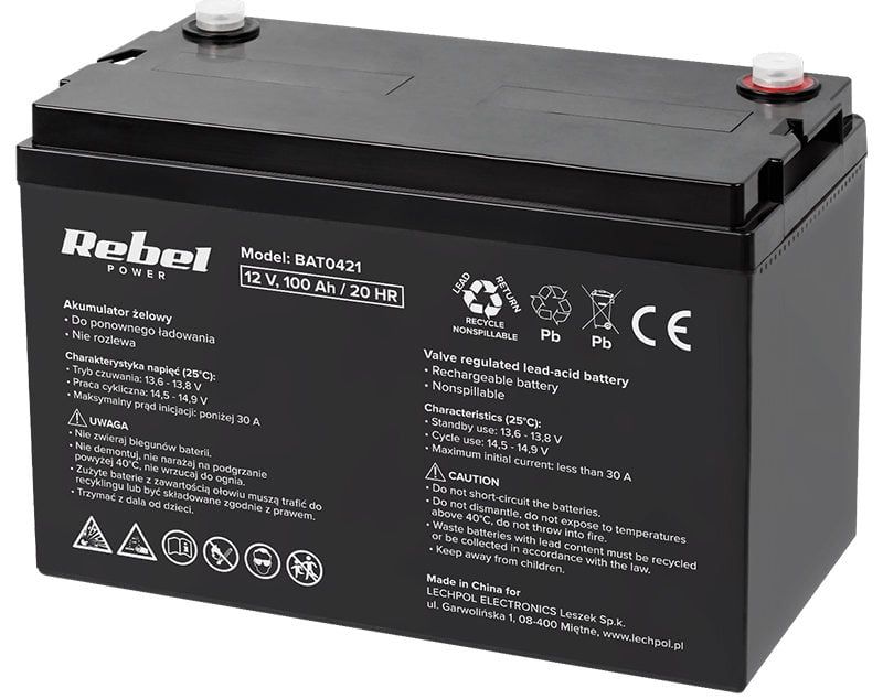 Acumulator cu gel, 12V, 100Ah, rezistenta interna 7 mOhm, Rebel BAT0421