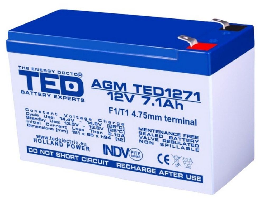 Acumulator 12V 7.1Ah, AGM VRLA plumb-acid, terminale F1/T1, 2.05 kg, TED003416 F1