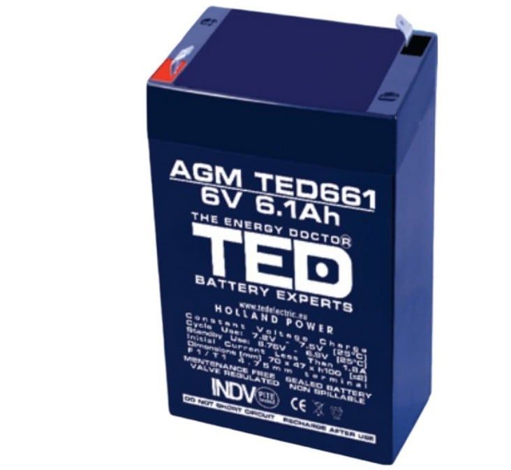 Acumulator AGM VRLA 6V, 6.1Ah, F1, T1, TED002938