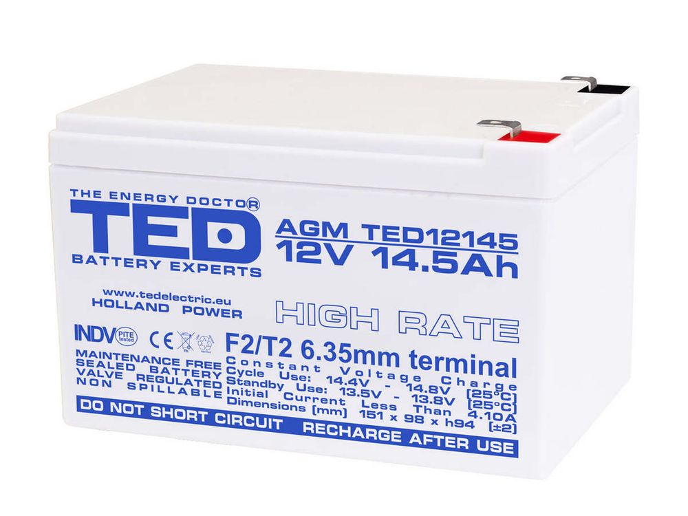 Acumulator UPS TED Electric, 12V, 14.5Ah, AGM VRLA, plumb-acid, High Rate, terminal F2 T2, 151x98x94mm, TED002792