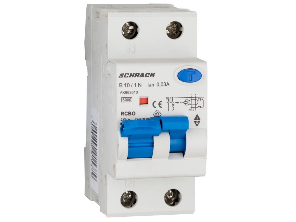 Siguranta automata Schrack AMPARO AK668610, B 10A, 230/ 400V AC, 6kA, 1P+N, 30mA tip A, IEC/ EN 61009-1, IP20, montare pe sina DIN