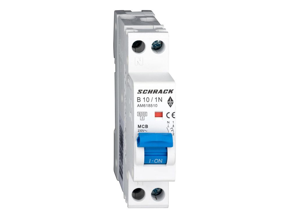 Siguranta automata Schrack AMPARO AM618510, 6kA, B 10A, 230/ 240V, 1P+N, 1MW, IEC/EN 60898-1, IP20, montare pe sina DIN