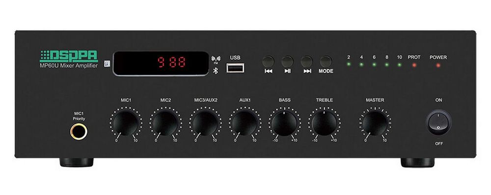 Amplificator cu mixer PA DSPPA MP60U, 60W, 100V, impedanta 4-16 ohmi, 6 canale, 3 MIC, 2 AUX, cu USB, FM si Bluetooth