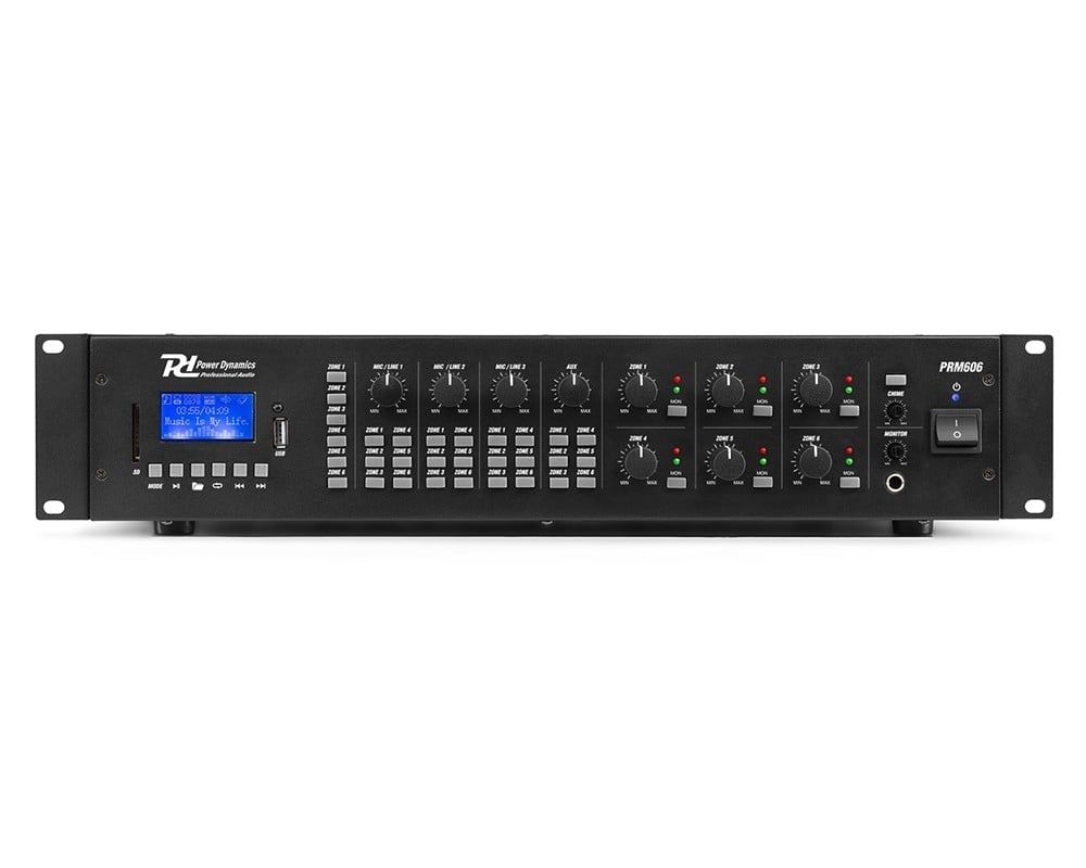 Amplificator matrix cu 6 zone, 6x60W RMS, Bluetooth, USB/SD, MP3, 100V/4ohm/8ohm, Power Dynamics, PRM606