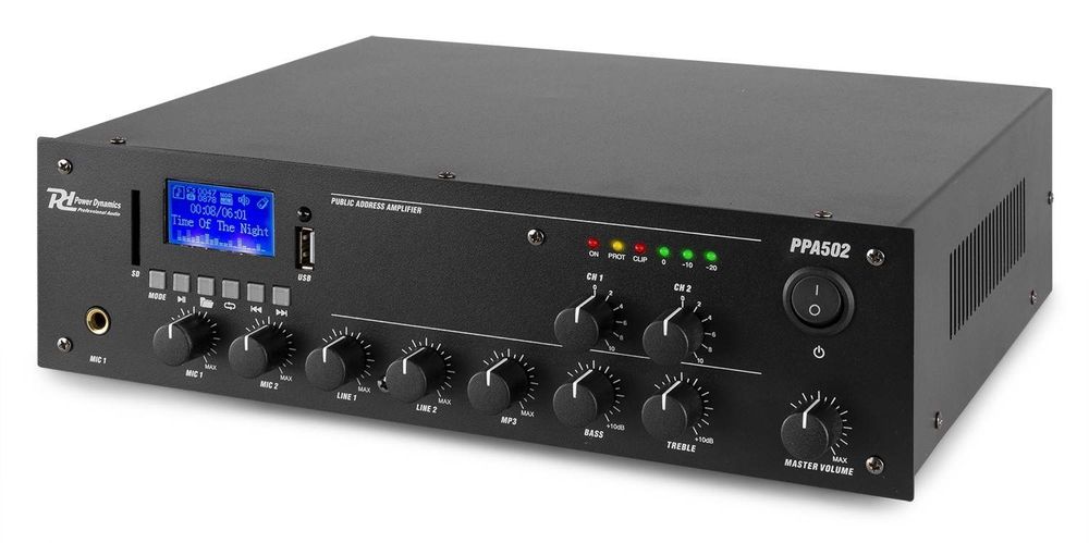 Amplificator PA 70 / 100V, 8 ohm, 2 zone, 50W, USB, SD, Egalizator, Bluetooth, Power Dynamics PPA502