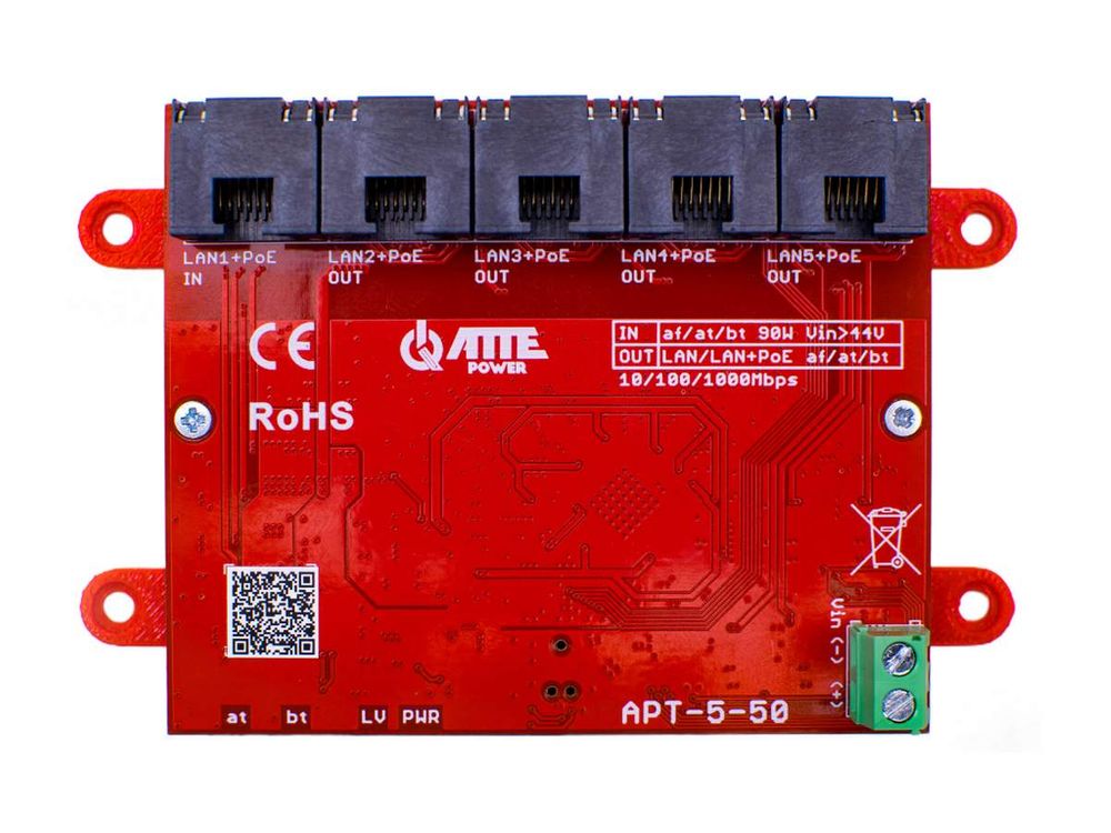 Extender switch LAN si PoE, 5 porturi 10/100/1000Mbps, 90W, IP20, Atte Power APT-5-50