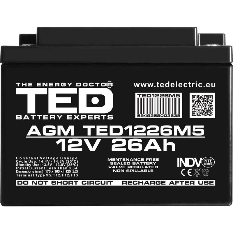 Baterie AGM VRLA TED Electric TED003638, 12V 26Ah, pentru UPS