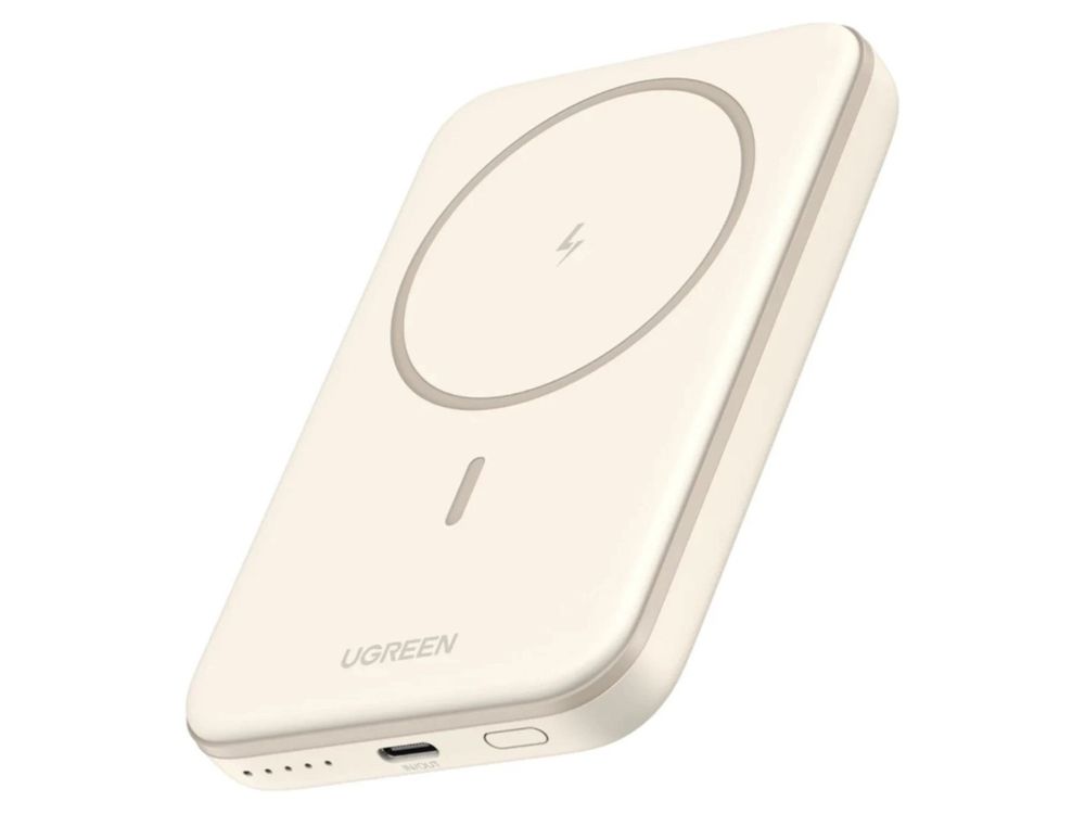 Baterie externa magnetica Ugreen, 5000 mAh, wireless Qi 7.5W, PD 15W, USB-C, compatibila MagSafe, bej, ultra-compacta, PB560-25207
