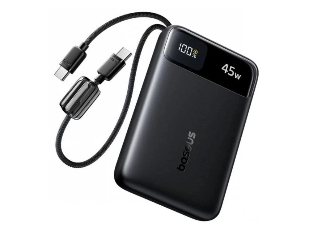 Baterie externa portabila Baseus EnerFill FC11, 10000 mAh, incarcare rapida 45W, 2 cabluri USB-C integrate, USB-C, USB-A, display digital, negru, E0031000