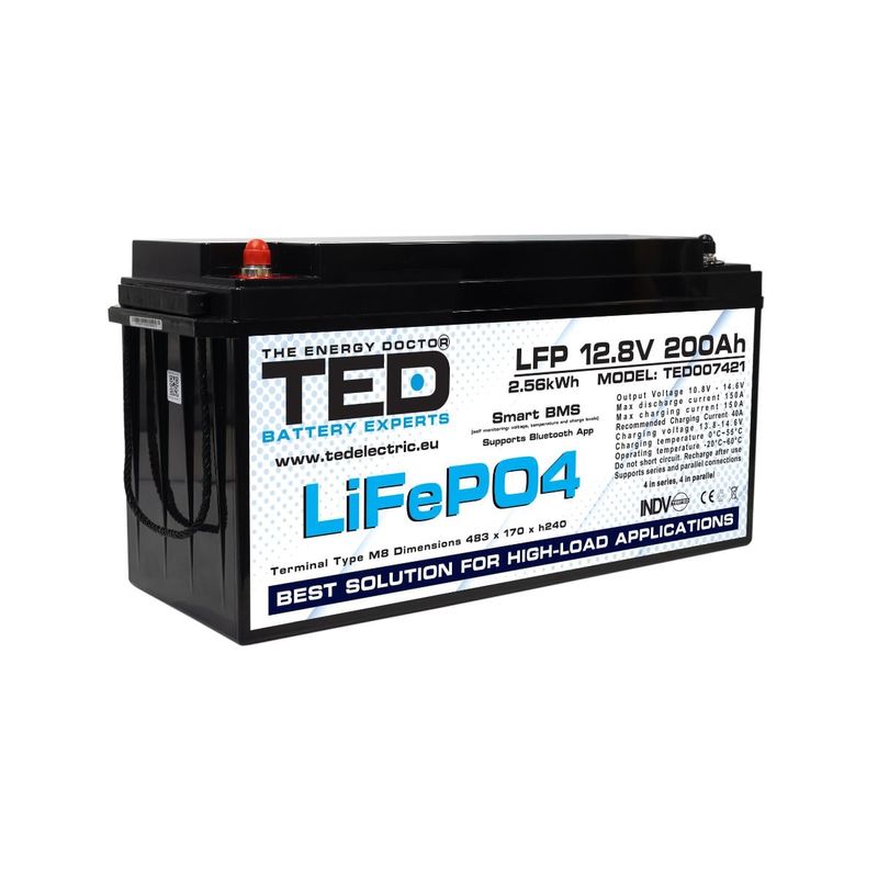 Baterie LiFePO4 12V 200Ah, cu BMS si Bluetooth, 6000 cicluri, incarcare rapida, pentru sisteme solare, back-up si rulote, TED007421