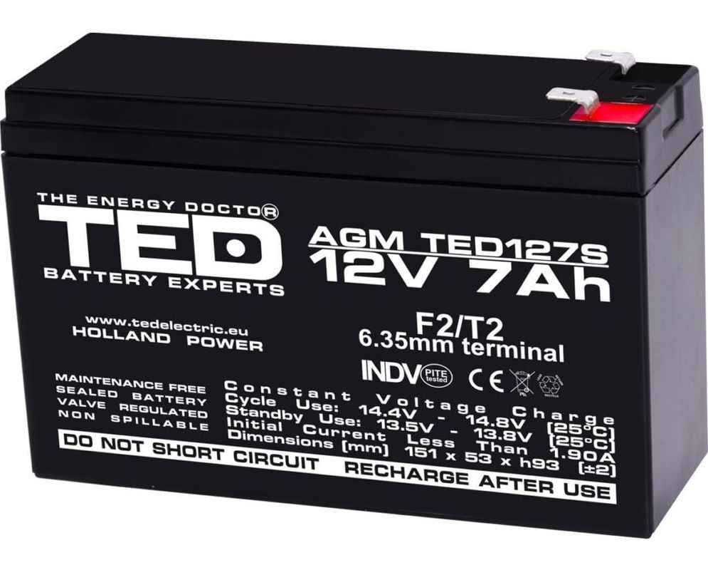 Baterie TED Electric TED003195, 12V 7Ah, reincarcabila, fara intretinere, pentru UPS, tehnologie VRLA AGM