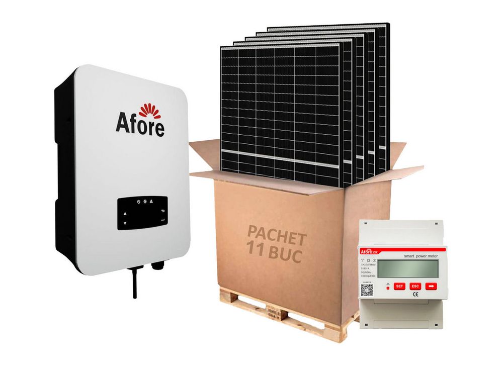 Kit invertor On-Grid trifazat 5kW, 11 panouri fotovoltaice si contor de energie 50kWA, Afore BNT005KTL-KIT