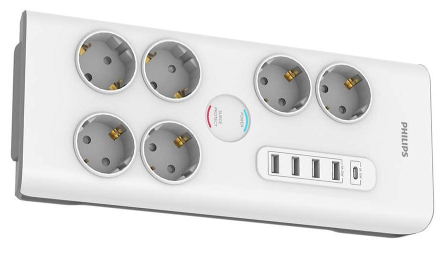 Prelungitor 6 posturi Shuko si 5 USB, 2 metri, Philips PH-SPN7060WA