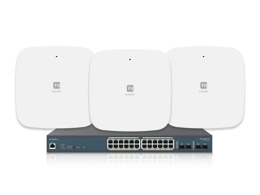Kit switch 24 porturi GB PoE, 4 porturi SFP, 240W, 56Gbps cu management si access point Dual Band Wi-Fi 6, EnGenius BundleEliteSMB