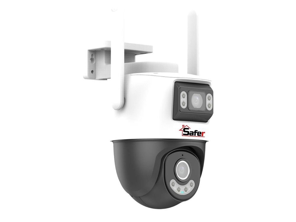 Camera supraveghere exterior Safer, 5MP+5MP, dual-lens, rotire PT, Wi-Fi, audio bidirectional, alarma, IR+LED 30 m, slot microSD, IP66, SAF-P2S-5MP