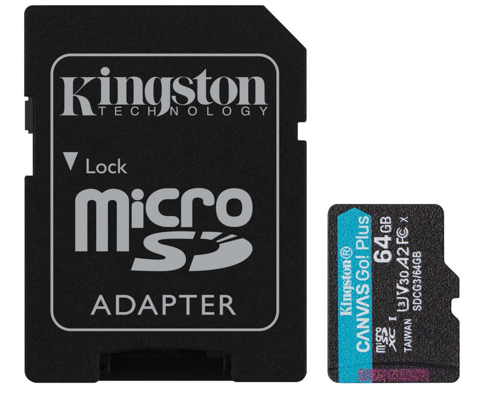 Card memorie microSD 64GB pentru camere IP, Kingston CANVAS GO Plus, 170 Mbps, cu adaptor, U3, V30, SDCG3/64GB