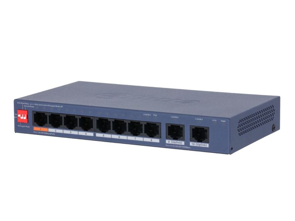 Switch PoE Dahua CS4010-8ET2GT-60, 10 porturi, 8x PoE RJ-45 100Mbps, 2x RJ-45 GB, 60W, Cloud Management, Watchdog