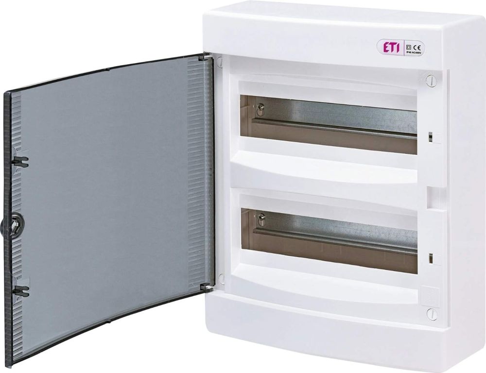 Cutie distributie, montaj aplicat ETI, 2 randuri, 24 module, IP40, usa transparenta, 63A, 400V, ECT24PT