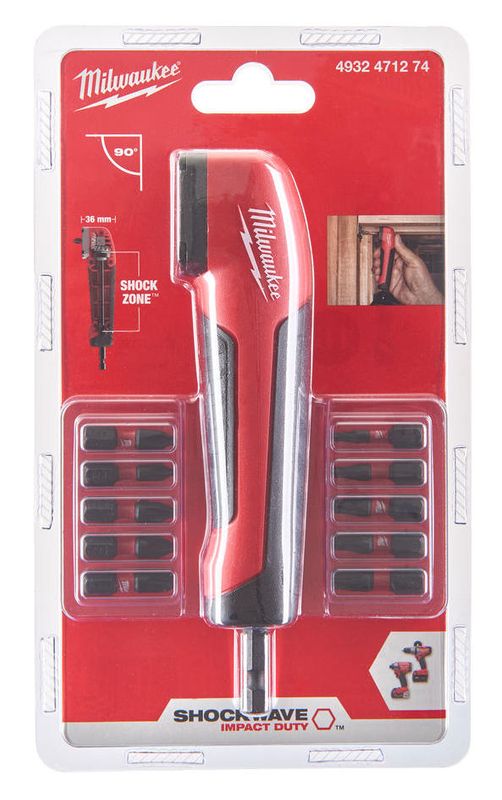 Adaptor pentru insurubat la 90 grade Milwaukee Shockwave, 10 biti, maner ergonomic, 4932471274
