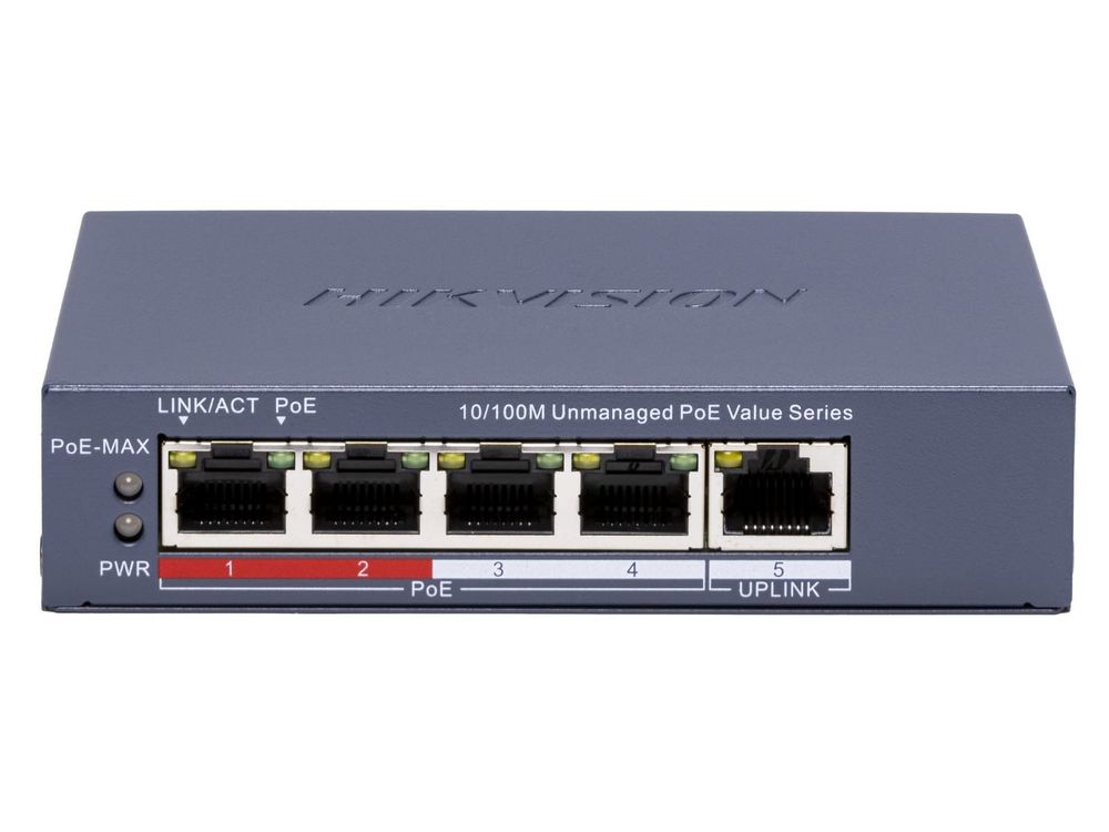 Switch Hikvision DS-3E0105P-E/M(C), 4 porturi PoE 100Mbps , 1 port 100Mbps RJ45, 45W, carcasa metalica, montare pe perete
