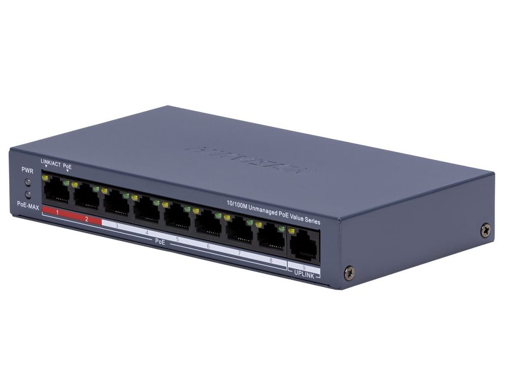 Switch Hikvision 8 porturi PoE, 1 port 100Mbps RJ45, 80W PoE budget, carcasa metalica, DS-3E0109P-E/M(C)