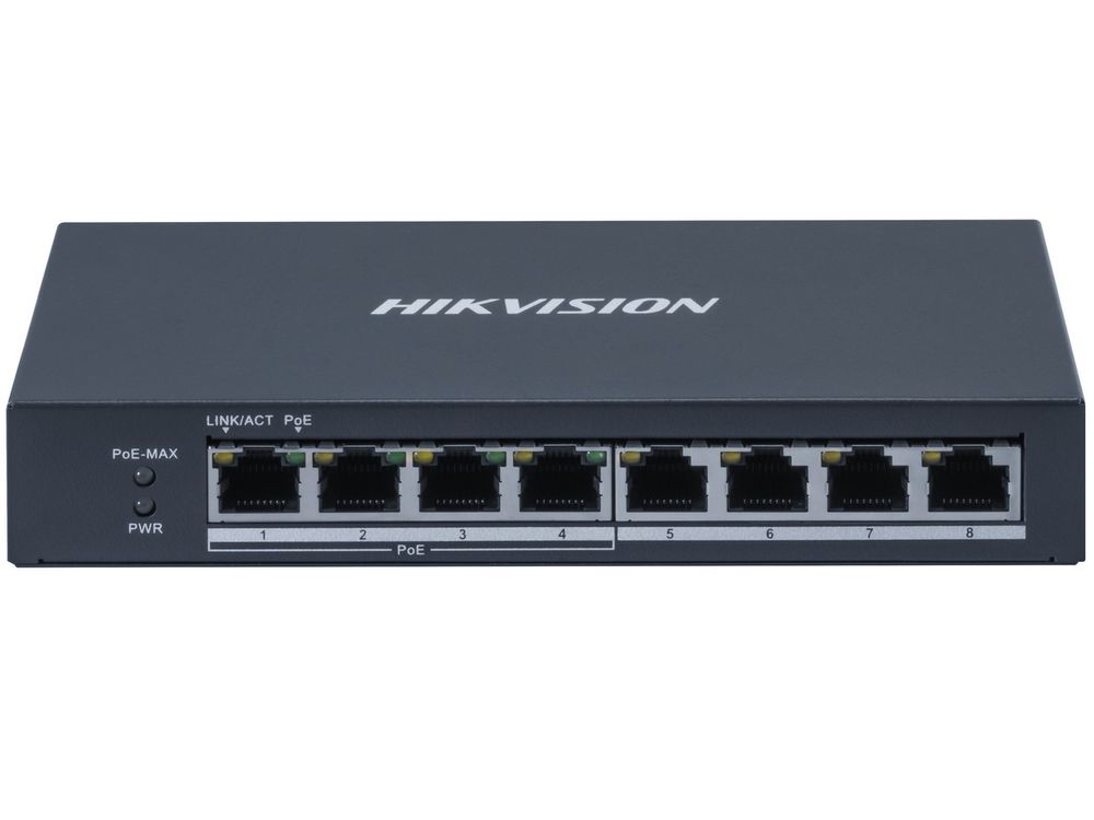 Switch PoE cu 8 porturi Hikvision, 4 porturi PoE, buget 60W PoE, carcasa metalica, DS-3E0508P-O