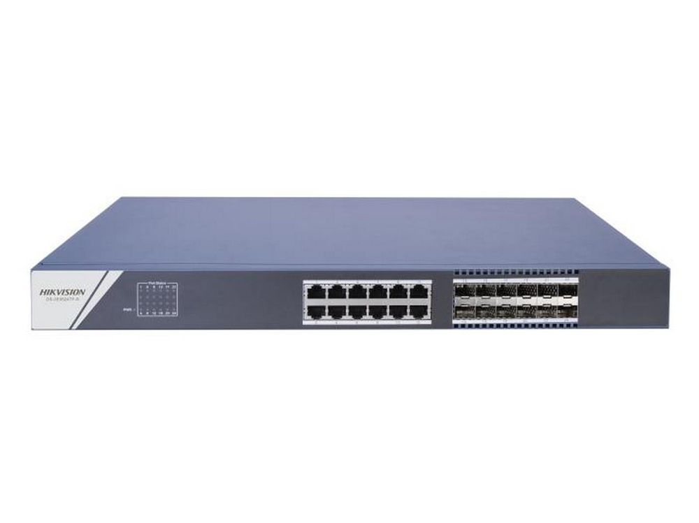 Switch 24 porturi Gigabit Hikvision DS-3E0524TF(B), 12x RJ45, 12x SFP, protectie 6kV, plug and play
