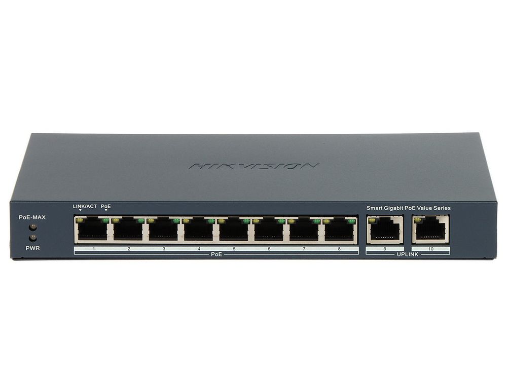 Switch PoE, Hikvision DS-3E1510P-EI/M, 8 porturi Gigabit Smart PoE, 2 porturi RJ45, 60W, cu management, transmisie 300m, protectie supratensiune 6KV