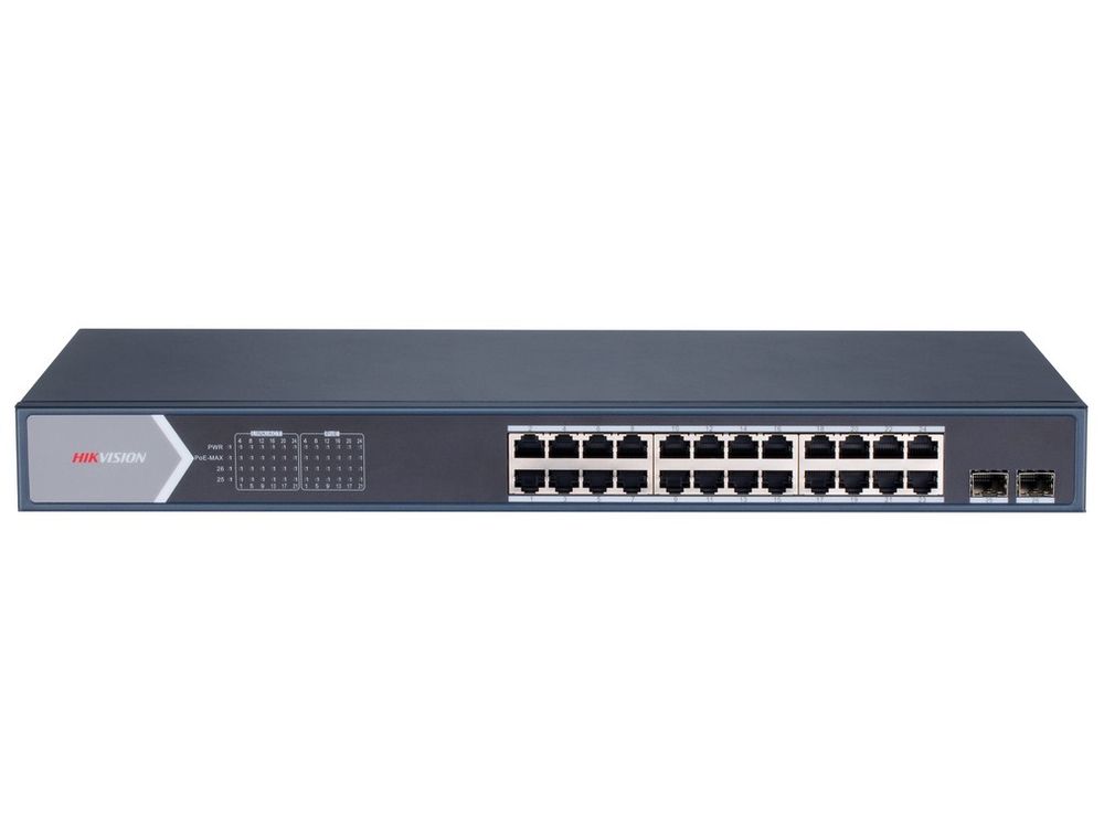 Switch 24 porturi PoE Gigabit, 2x SFP, cu management, Hikvision DS-3E1526P-SI, putere PoE 370W, transmisie 300m, Watchdog, protectie supratensiune 6kV
