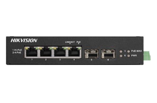 Switch 4 porturi Gigabit PoE, 2 porturi uplink SFP, Hikvision DS-3T0506HP-E-HS