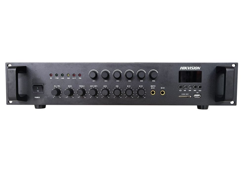 Amplificator analog adresare publica Hikvision DS-QAE0A240G1-VB6, 240W, 6 zone, 4-16 ohm, 70/110V, Bluetooth, USB 2.0, SD, 2 intrari microfon 6.3mm