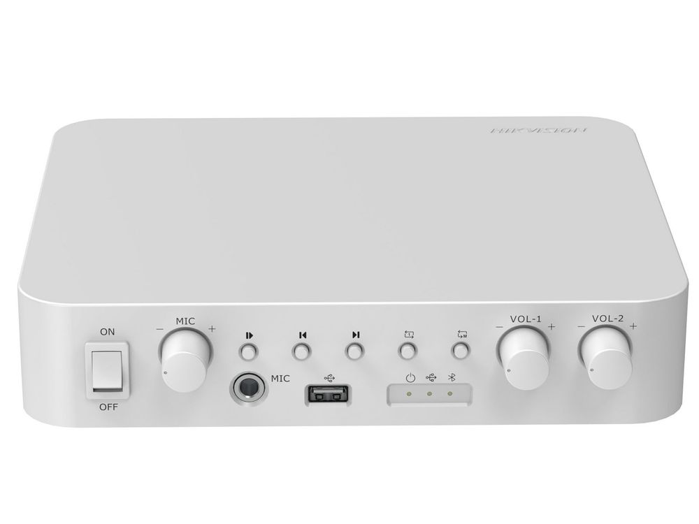 Amplificator pentru public address Hikvision DS-QAE0A60G1-VB, 60W 24VDC, 2 zone, intrare USB, Bluetooth MIC RCA, iesire 100V